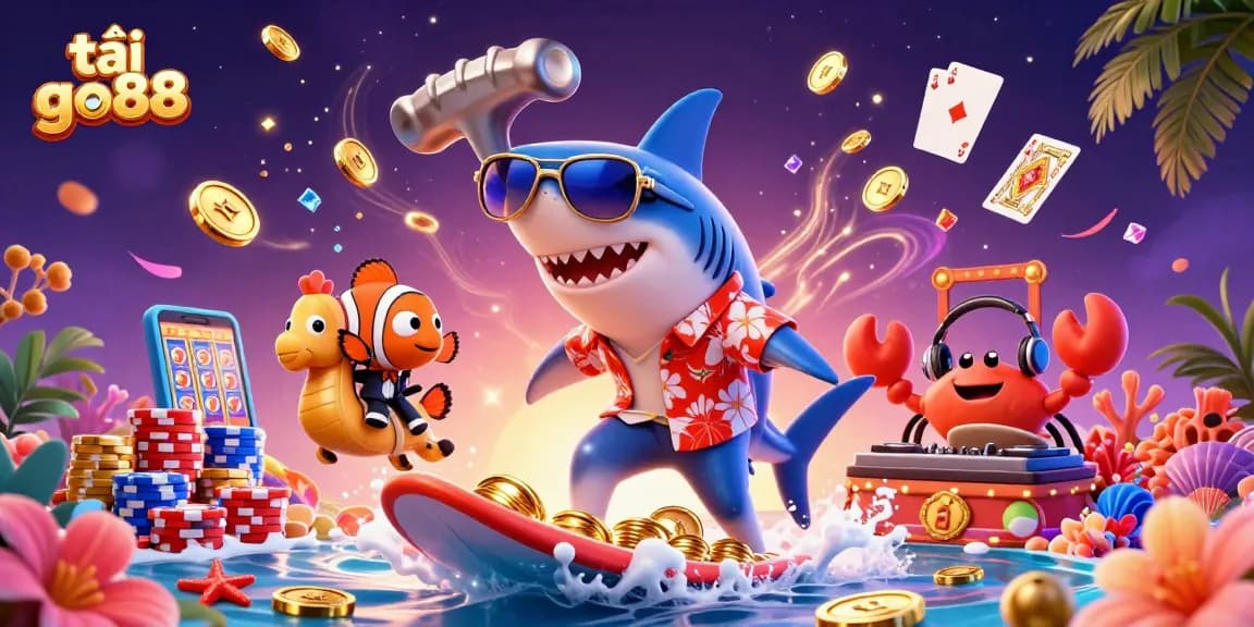 Surf exciting games while downloading tải go88, featuring vibrant casino elements and playful underwater characters.
