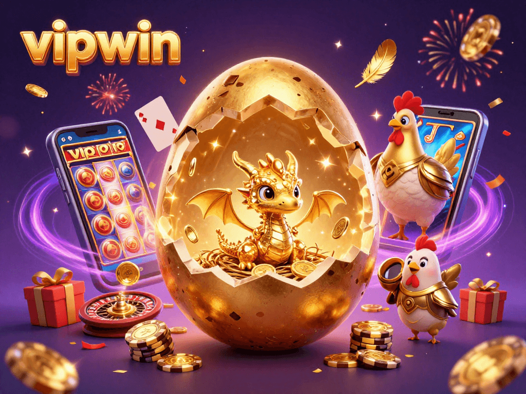 Experience the excitement of vipwin with a dazzling gold dragon and casino elements bursting with energy.