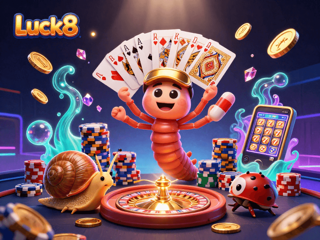Experience thrilling moments at Luck8 with a 3D cartoon casino scene featuring dynamic games and characters.
