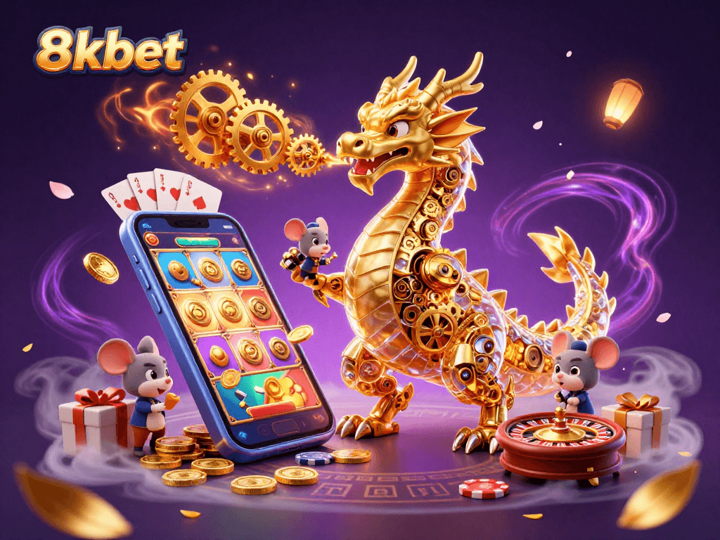 Win big with 8xbet's vibrant games showcasing golden dragon and slot machine action.