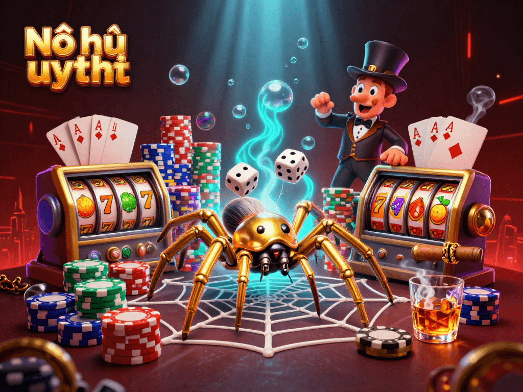Nổ hũ uy tín: Explore an engaging casino scene showcasing a golden spider, poker symbols, and rich visuals.