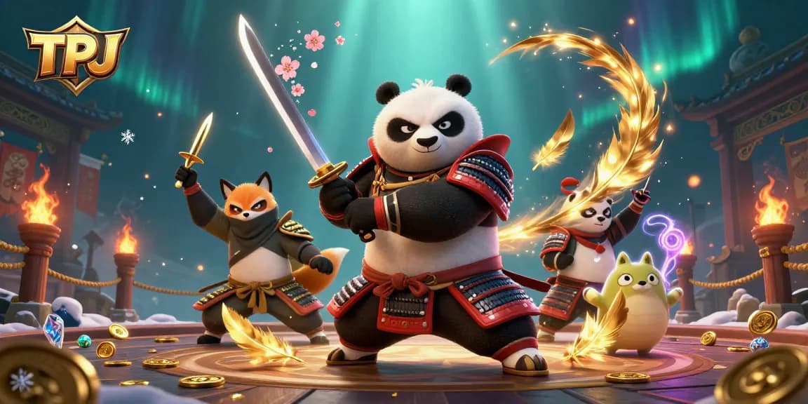 Experience the thrill of TPJ with a vibrant 3D illustration featuring samurai panda and ninja fox in action.