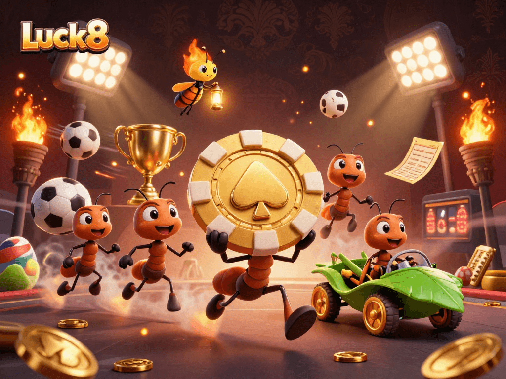 Luck8's playful 3D ants carrying a giant poker chip amidst sports culture in vibrant casino illustration.