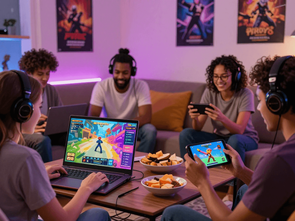 Diverse gamers engaged in exciting porno game experiences across various devices in a cozy setting.