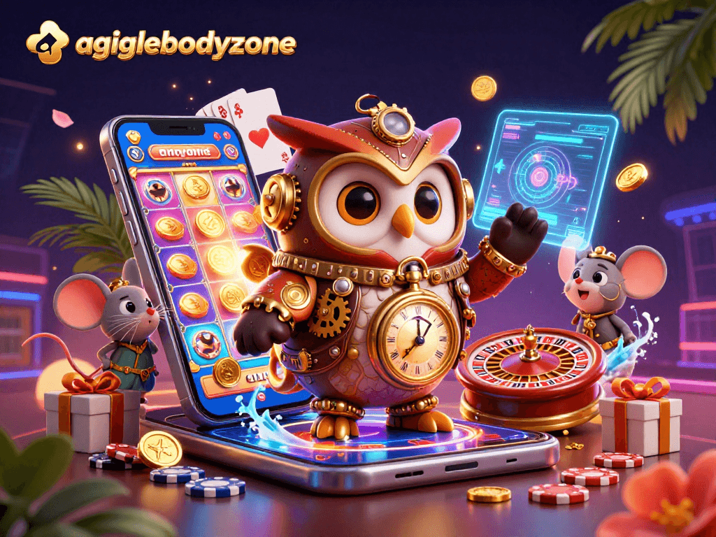 Play a vibrant slot game at agilebodyzone featuring a time-traveling owl and gold coins.