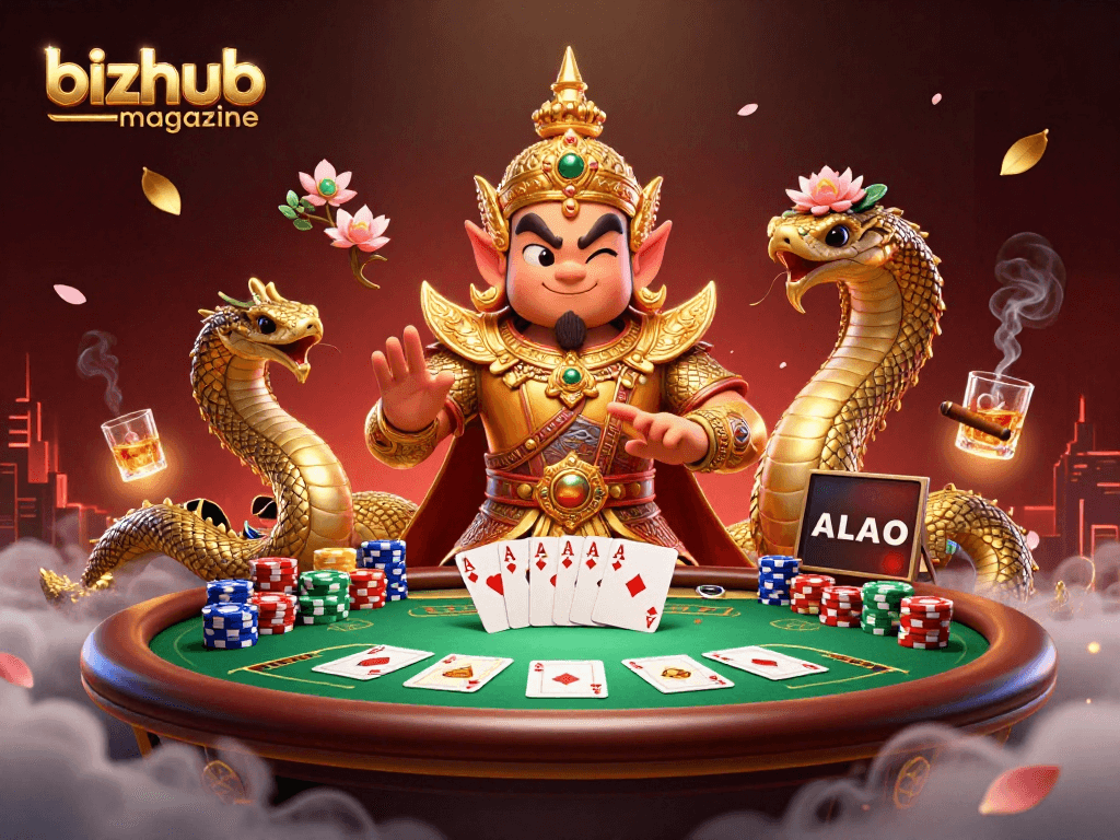 Win big with bizhubmagazine's vibrant casino scene featuring a poker table and lively characters.