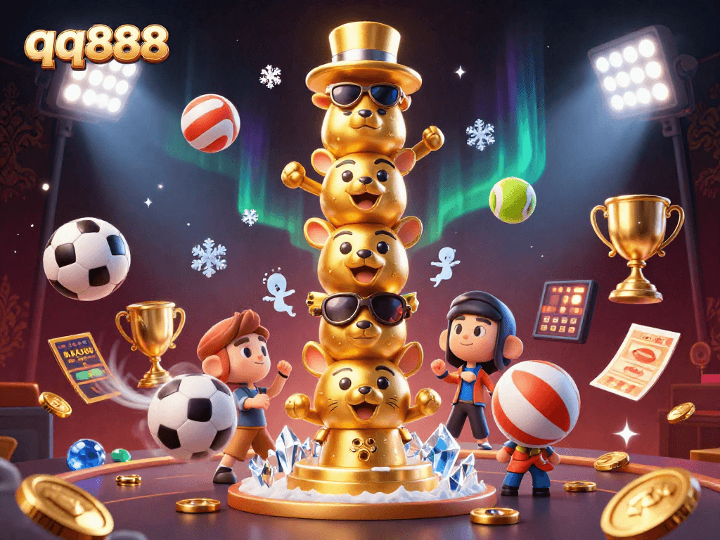 Bet on sports with qq888's dynamic scene featuring golden totem and various sports elements.