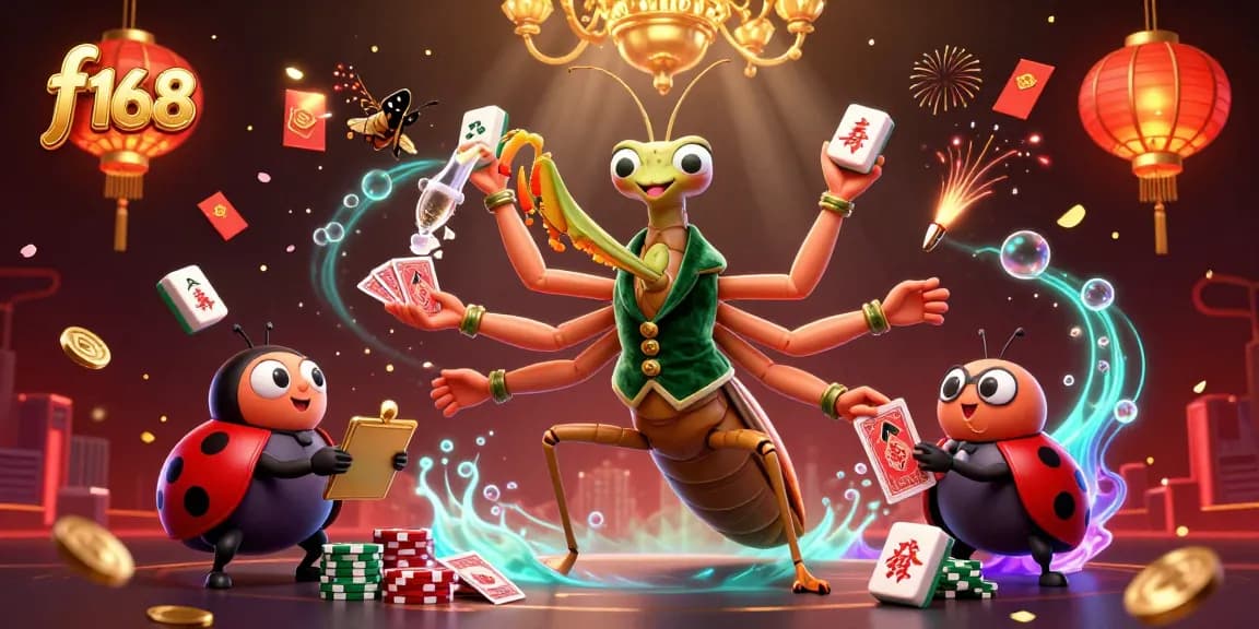f168 engages players in a vibrant 3D casino scene with a giant mantis and ladybug, showcasing lively card dealing.