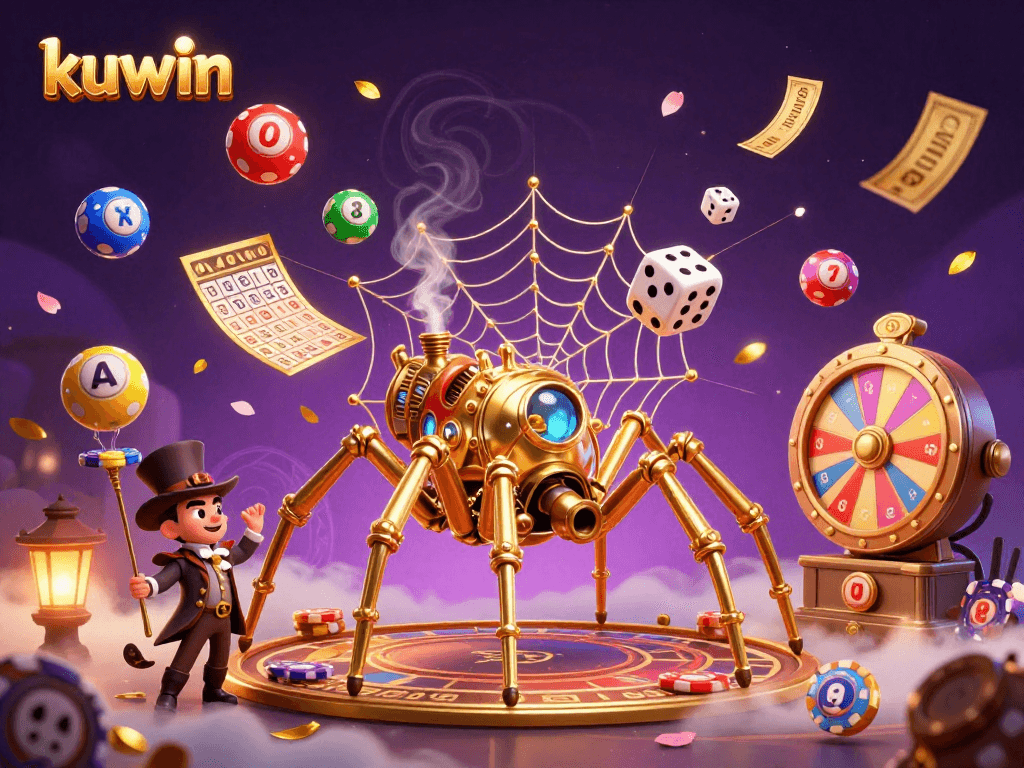 Kuwin presents a captivating casino scene with a steampunk spider and poker-themed elements.