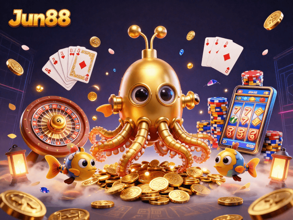 Experience Jun88’s thrilling adventures with golden kraken and treasure-filled underwater scene.