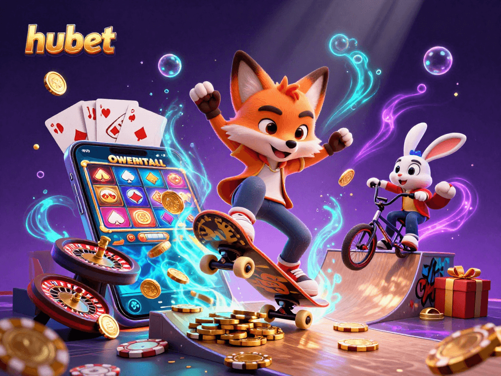 Experience the thrill of hubet as a skateboarder fox performs tricks amidst vibrant casino elements.