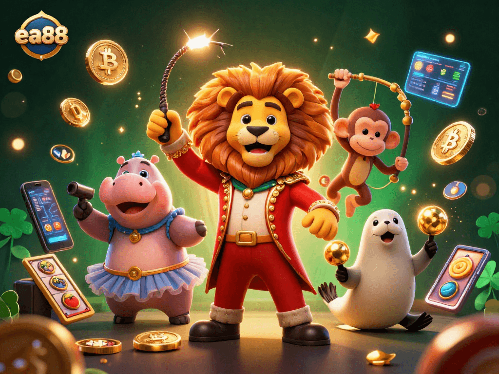 Engage with the vibrant world of ea88 as a circus-themed lion and friends illuminate the crypto casino scene.