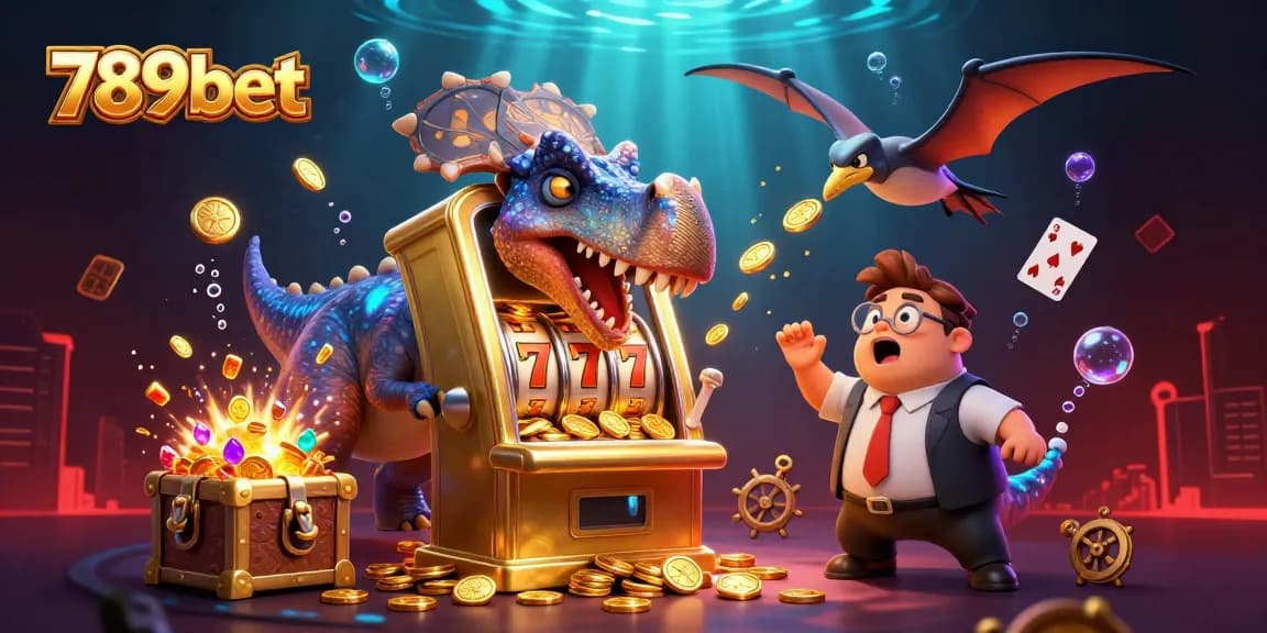 Experience excitement with 789bet as a pachycephalosaurus wins a jackpot from a golden slot machine.