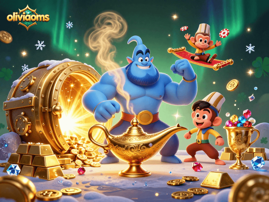 Engage in excitement with oliviaooms' magical casino scene featuring a genie, treasures, and poker elements.