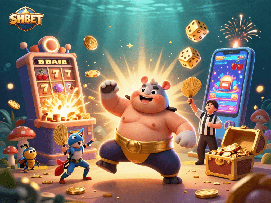 Experience thrilling SHBET gaming with a vibrant sumo champion and sparkling slot machines.