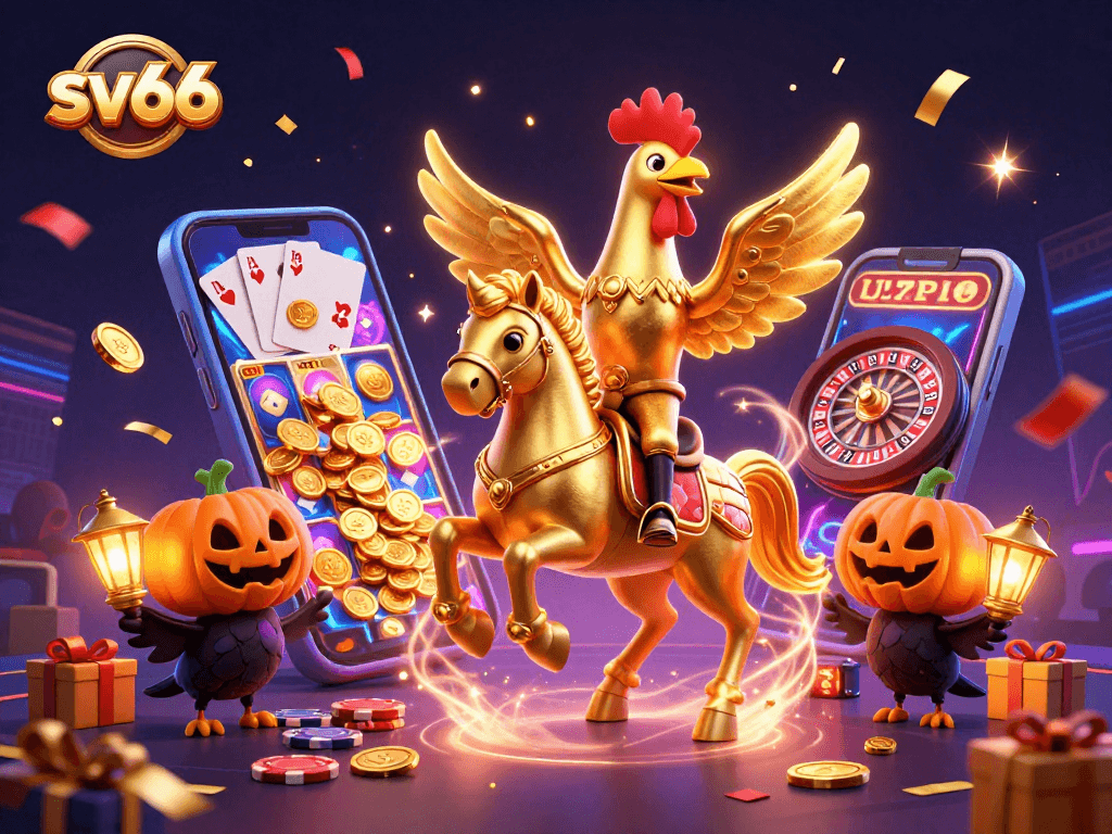 Experience thrilling gameplay at sv66 with a vibrant 3D casino illustration, featuring dynamic gaming elements and festive visuals.