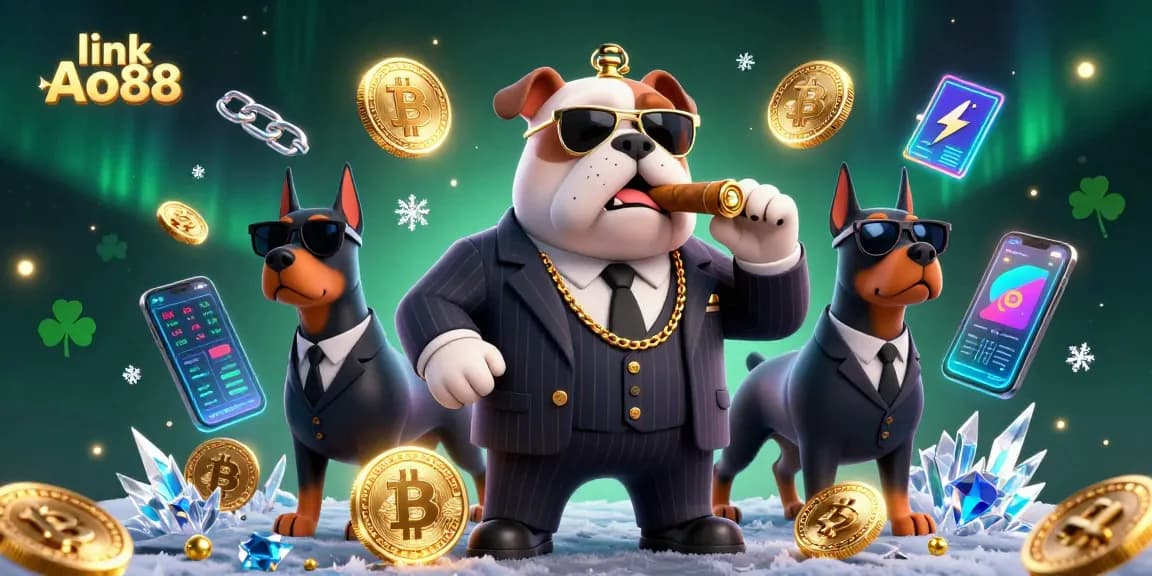 Spin the reels with excitement at link Ao88, featuring a vibrant scene of cartoon mafia characters surrounded by crypto coins.