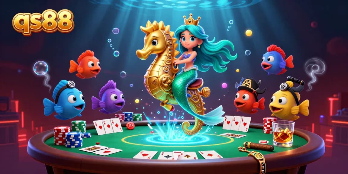 Engage with vibrant qs88 imagery featuring a mermaid princess and poker elements under a glowing underwater scene.