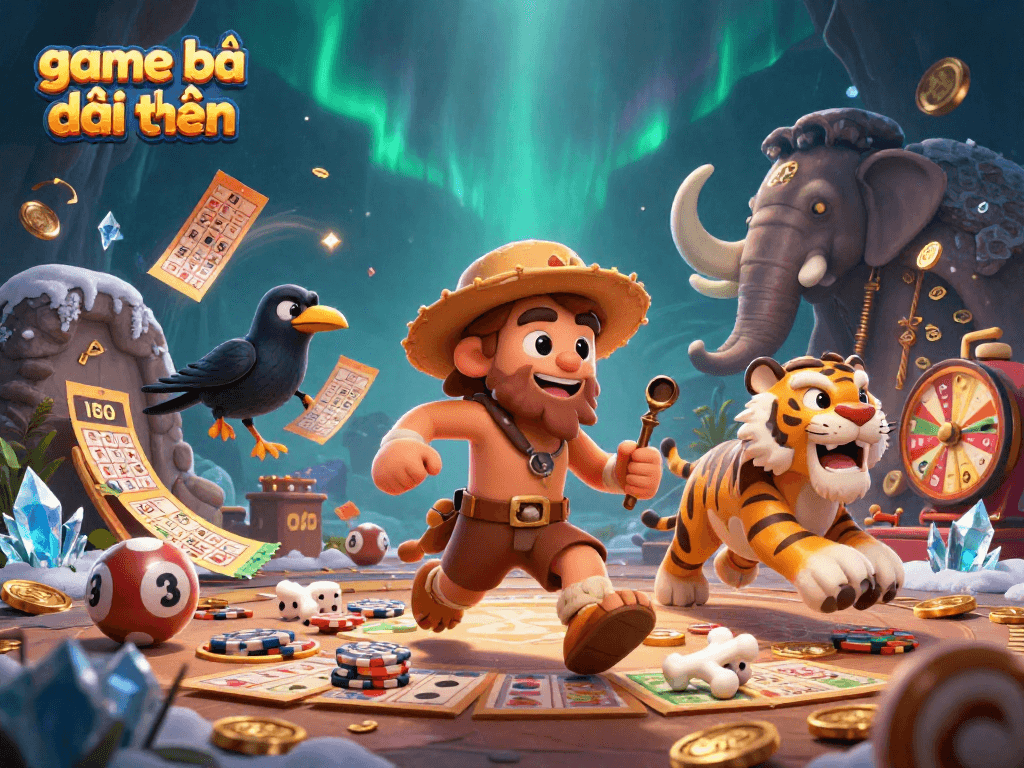 Play the exciting game bài đổi thưởng with a lively caveman and tiger duo in their unique casino.