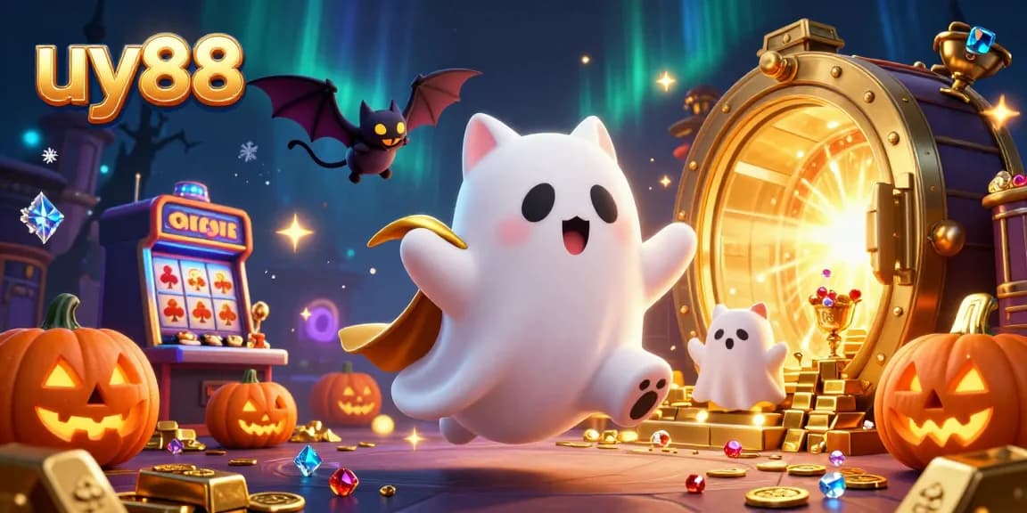 Engage in thrilling play at uy88 with a ghost cat and vampire bat in a haunted casino scene.