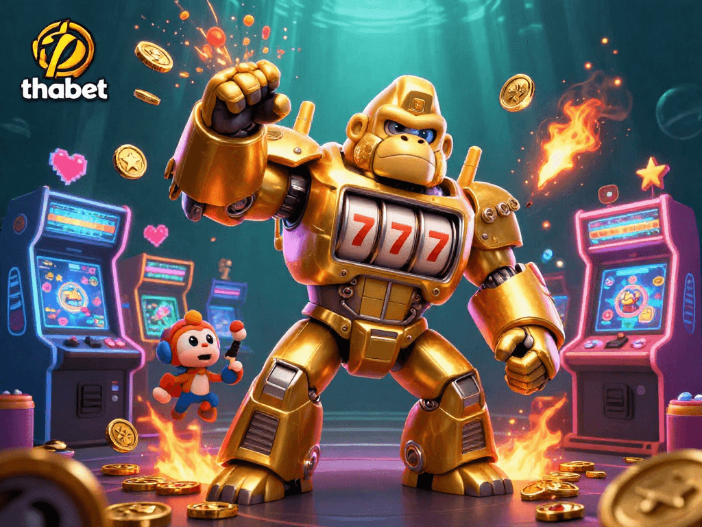 Experience thrilling gaming at thabet with a dynamic 3D illustration of a golden gorilla mech.