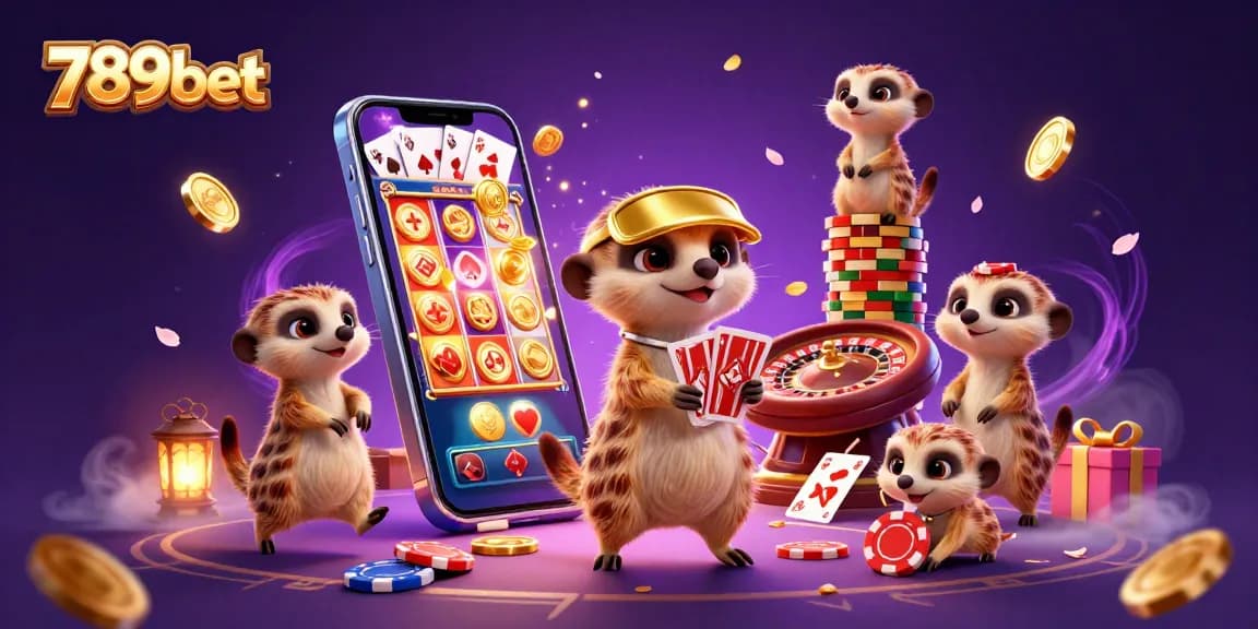 Experience the excitement of 789bet with meerkats eagerly running a casino, spinning slots, and bursting with coins.