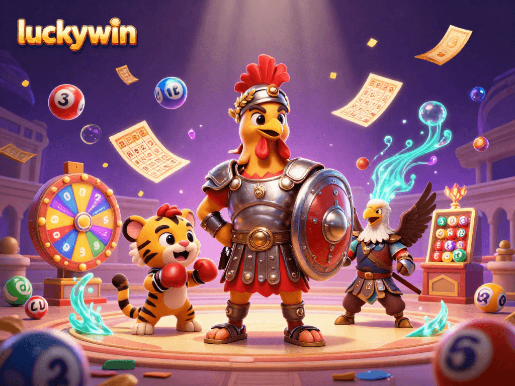 Engage in thrilling luckywin gaming with vibrant lottery balls, a rooster, and a tiger cub sparring!