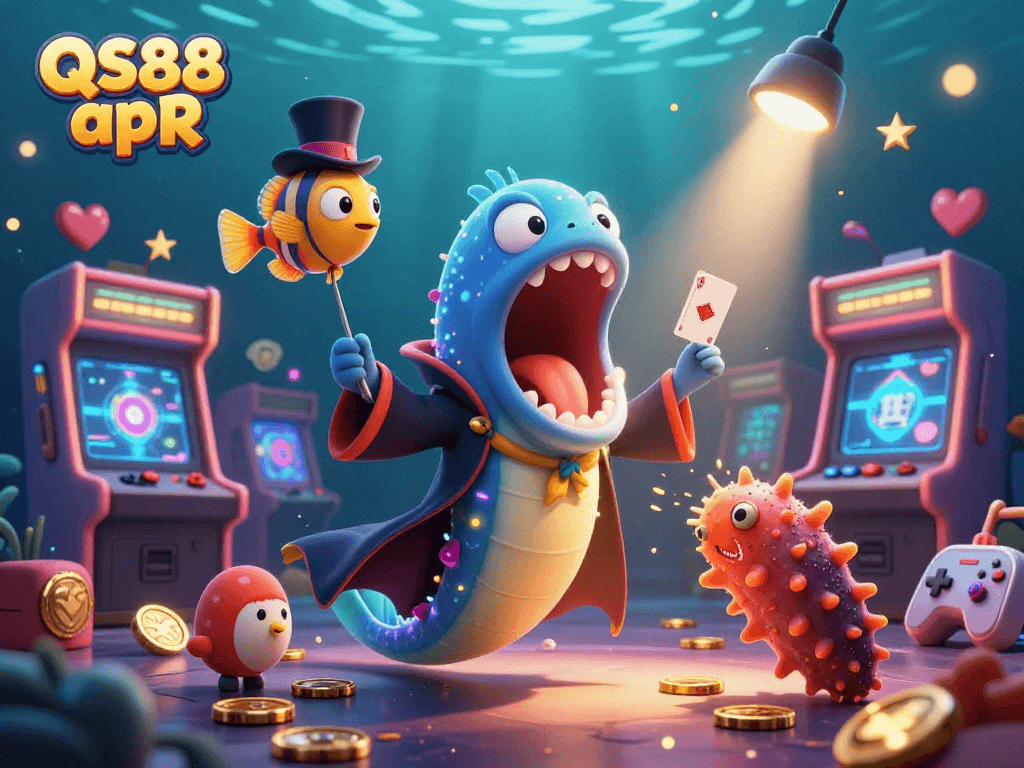 Engage with QS88 apR’s vibrant underwater casino theme, featuring unique sea creatures in a magic act.
