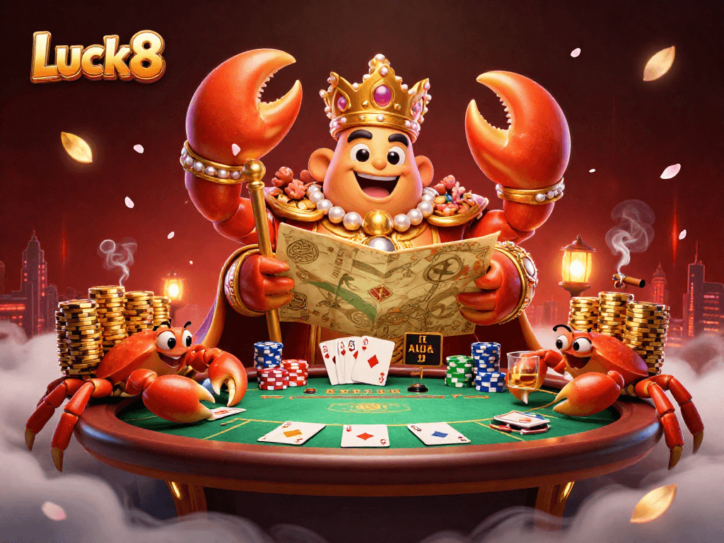 Engage with Luck8's fantastic offerings at a vibrant poker scene featuring a royal crab emperor.