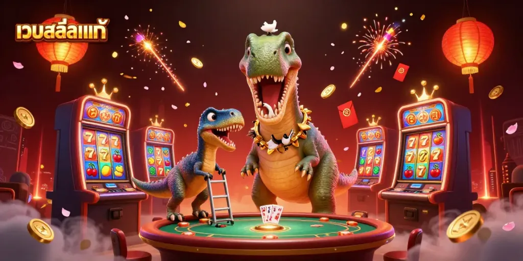 Experience a vibrant เว็บสล็อตแท้ scene with a brontosaurus and raptor dealer, showcasing exciting slot machines.