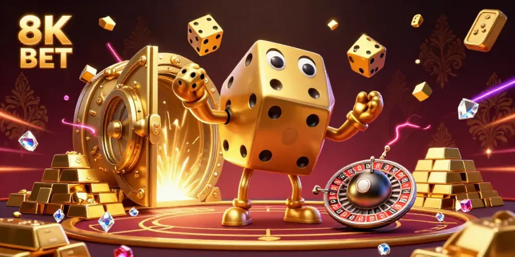 Engage with the vibrant energy of 8K BET through this lively 3D casino-inspired illustration showcasing a golden dice golem.