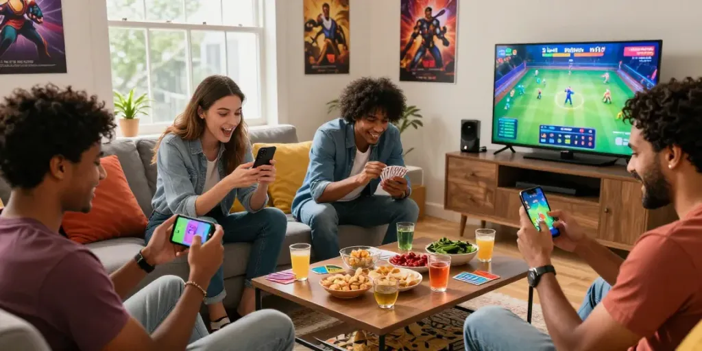 Friends enjoying a lively game of 3 Patti No1 on smartphones in a cozy living room, showcasing excitement and strategy.
