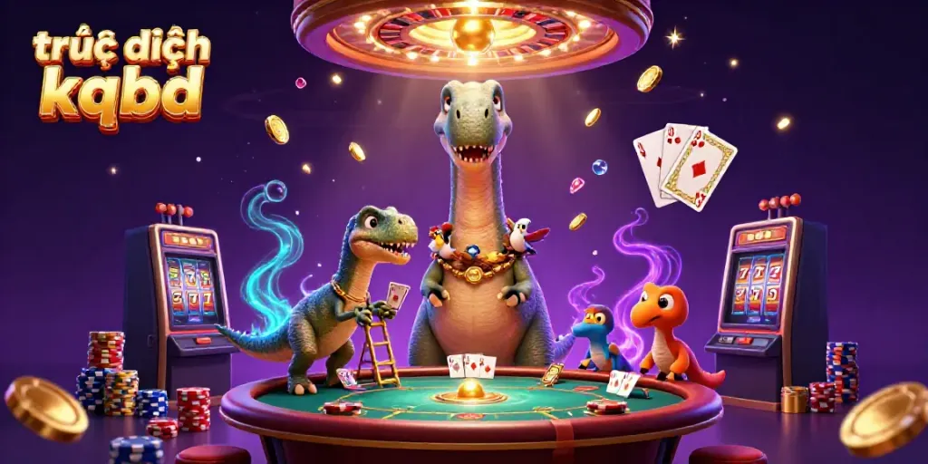 See the brontosaurus towering over a poker table at a casino, featuring trực tiếp kqbd elements