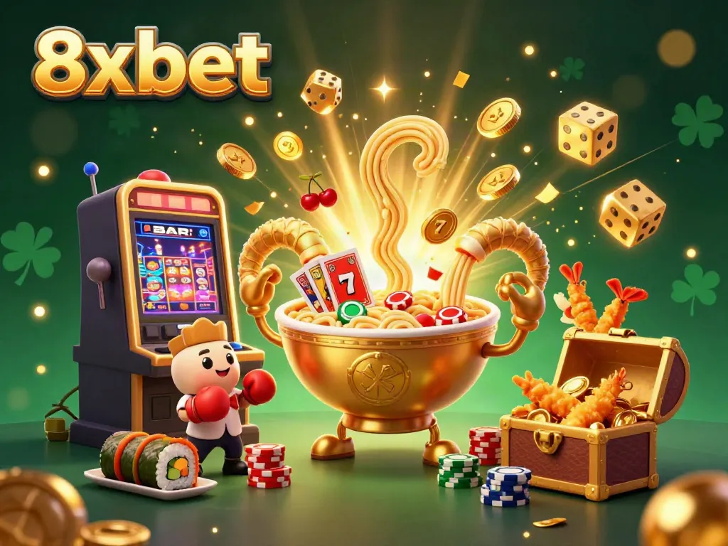 Engage with the exciting 8xbet casino world featuring a giant ramen bowl dealer, dynamic action, and vibrant colors.