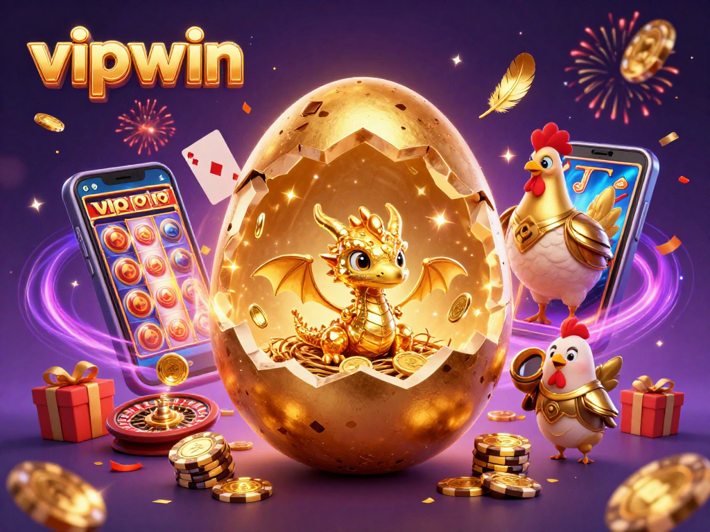 Experience the excitement of vipwin with a dazzling gold dragon and casino elements bursting with energy.