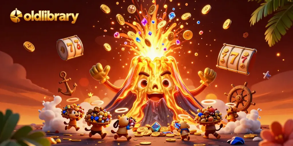Engage in thrilling gaming at oldlibrary with golden erupting volcano and treasure-filled adventure.