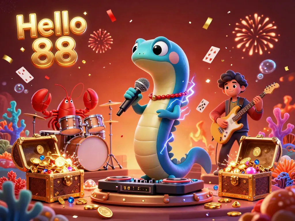 Experience the vibrant underwater casino scene with Hello 88, featuring a DJ electric eel jamming with a lobster drummer and seahorse guitarist, surrounded by treasure.