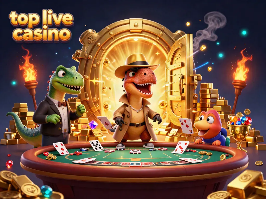 Engage in top live casino action featuring a velociraptor at a blackjack table with dynamic casino elements.
