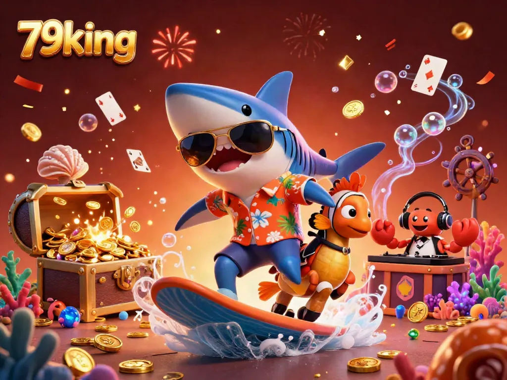 Experience the thrill of 79king with colorful gaming characters surfing on gold coins.
