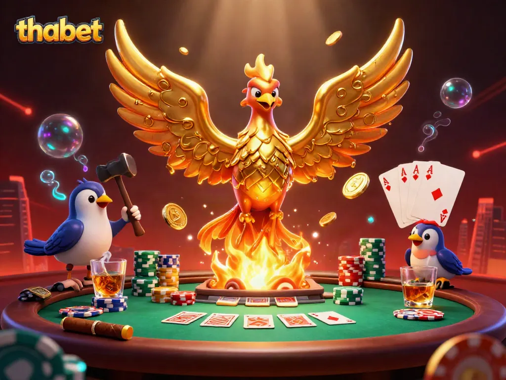 Experience thabet's vibrant casino energy with a molten phoenix and poker elements.