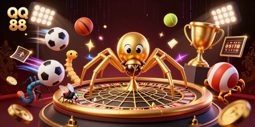 Experience thrilling bets with QQ 88 as a golden spider spins a roulette web, surrounded by dynamic sports elements.
