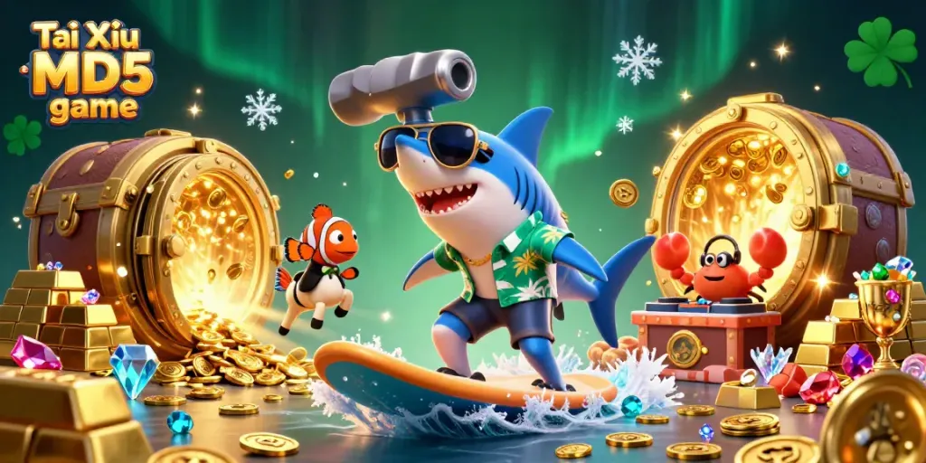 Engaging visual of Tài Xỉu MD5 game showcasing a shark surfing gold coins amidst treasures and vibrant characters