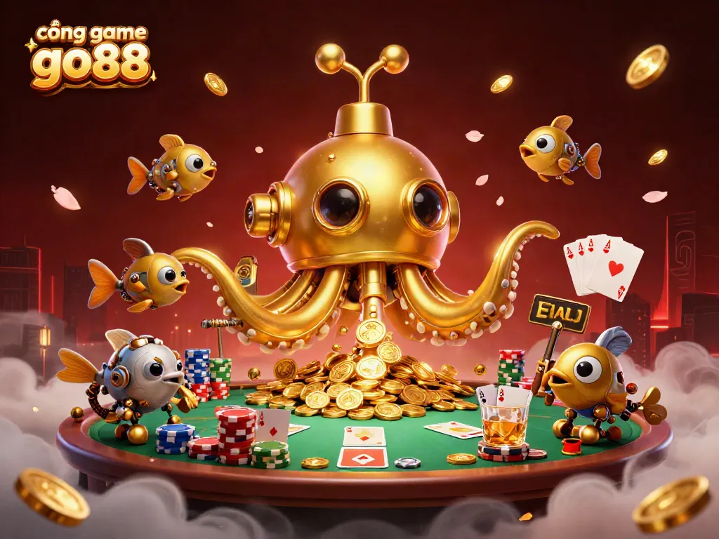 Experience the excitement of cổng game go88 with a golden kraken submarine, poker action, and gold coins.