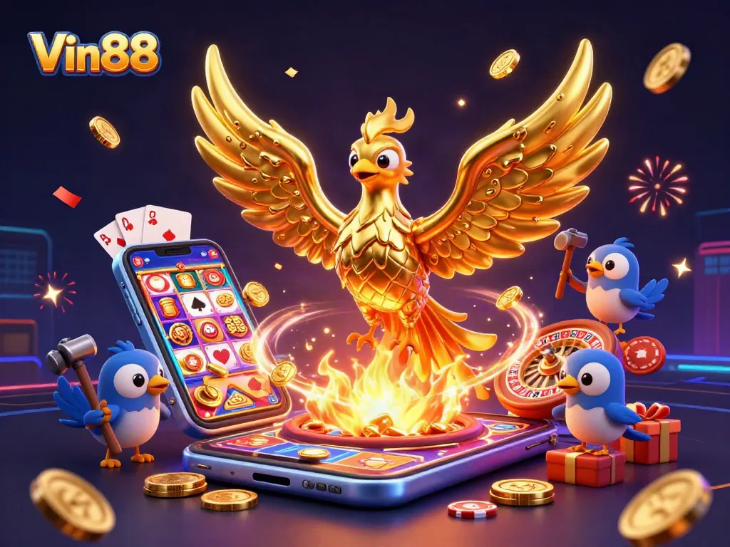 Engage with Vin88's exciting online casino world featuring a 3D golden phoenix and games.