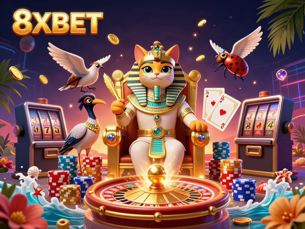 Experience thrilling gaming with 8XBET, featuring vibrant casino elements and dynamic characters.