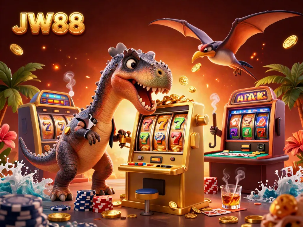 JW88 features a pachycephalosaurus winning jackpots with dynamic casino characters around a lively casino scene.
