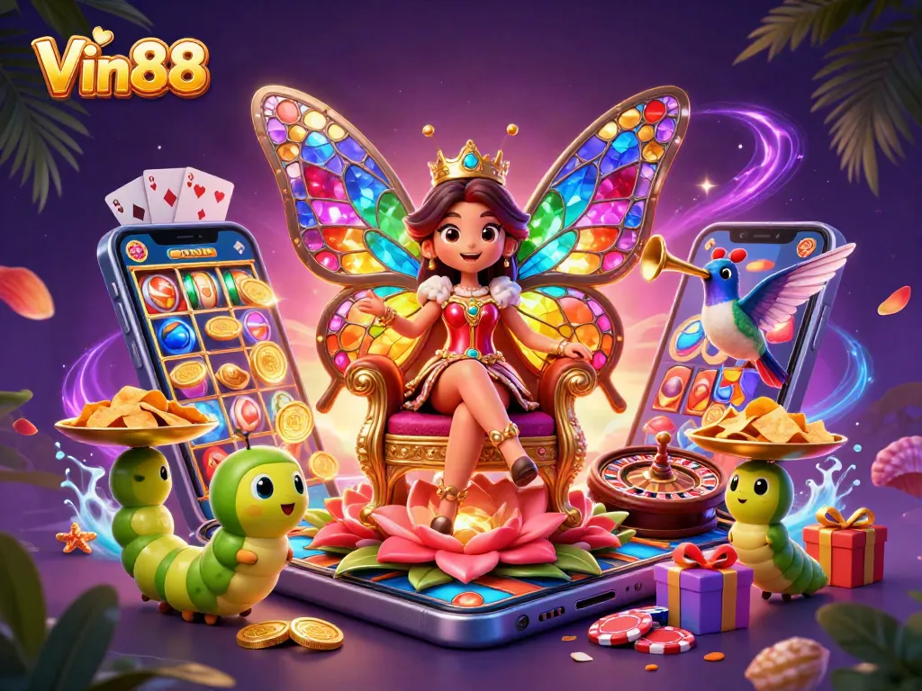 Experience thrilling gaming at Vin88 with a vibrant 3D digital illustration capturing the essence of casino fun.