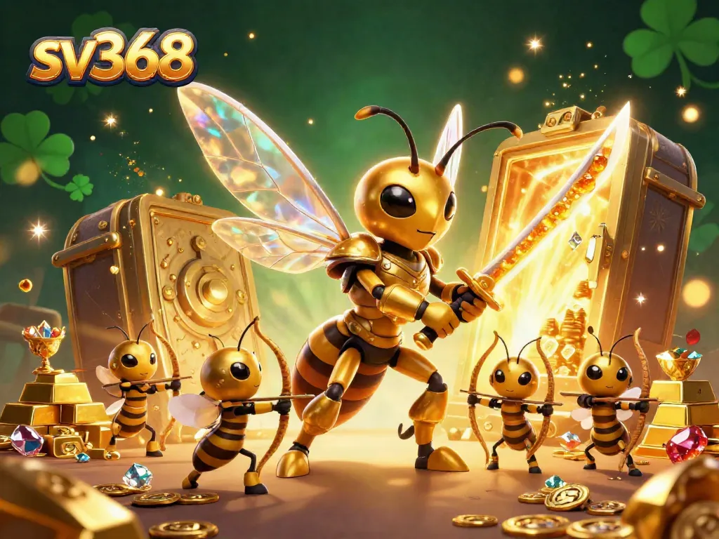 Exciting sv368 online casino scene with a golden samurai hornet wielding katanas, surrounded by treasure.