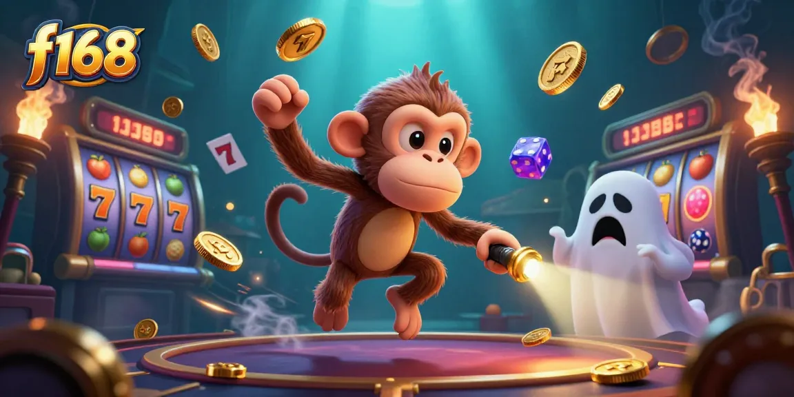 Watch the playful f168 monkey juggle golden casino treasures while a puppy hunts ghosts.