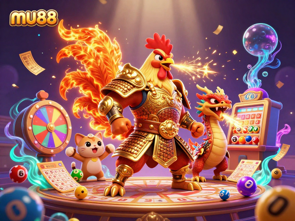Experience thrilling wins with mu88's dynamic gaming scene featuring a powerful rooster warrior and exciting game elements.